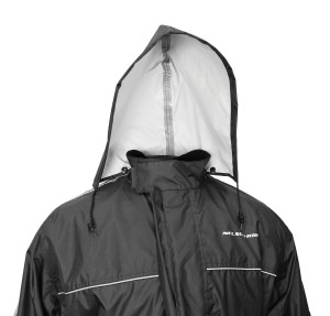 Photo showing concealed hood on Solo Storm Jacket in Black on white background